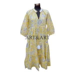 Vestido Formal de Algodón Tejido Indio con Estampado Floral Vintage, Cómodo, Transpirable, Ecológico, Étnico, para Uso Diario de Verano - Product Image 1