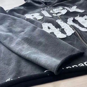 Men <b>Hoodie</b> with Twill <b>Stitch</b> Embroidery and Worn Effect Men French Terry Distressed <b>Hoodie</b> with Embroidery - Product Image 5