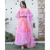 Layla Pembe Tie Dye Saf Şifon 3 Parçalı Takım Elbise XXL Beden Dokuma Örgü Dantel Uzun Tam Tatlı İlkbahar/Yaz Çevre Dostu