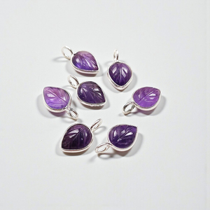 925 Sterling Silver Amethyst 8x10mm Leaf Carved Charm - Purple Gemstone Pendant- Nature <b>Inspired</b> February Birthstone Charm - Product Image 1