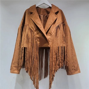 Chaqueta de borla negra de estilo francés para mujer Traje de cuello holgado de manga larga de cuero de imitación de 2 botones con nuevo diseño - Product Image 5