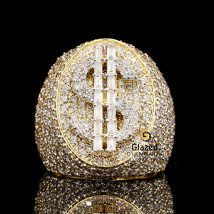 Nuevo e impresionante anillo con símbolo de dólar personalizado totalmente helado, adornado con moissanita redonda brillante y Baguette, Plata de Ley 925 - Product Image 1