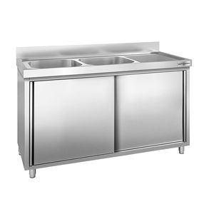 Meuble d'évier commercial PREMIUM - Acier inoxydable - 1400x600mm - 2 bacs - Product Image 1
