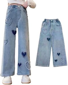 Jeans de Mezclilla para Niñas, Cintura Alta, Pierna Ancha, Parche de Corazón, Estilo Y2K, Corte Holgado, Pantalones Casuales para Niños, Tallas XS-XL - Product Image 1