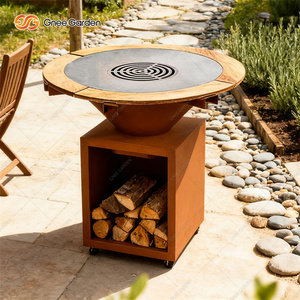 Barbecue extérieur moderne en acier corten rouillé avec foyer et roues, certifié CE, thermolaqué pour usage en jardin et cuisine - Product Image 3