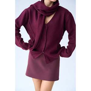 <b>Burgundy</b> Cardigan with Integrated <b>Scarf</b> - Product Image 2