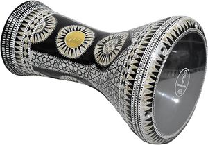 Gawharet El Fan, Darbuka de 17.5 Pulgadas, Carcasa de Aluminio Negra, Diseño Clásico Oriental Hecho a Mano, Diseño de Mosaico para Incrustaciones - Product Image 2