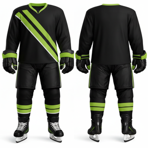 ชุดฮอกกี้น้ำแข็งแบบกำหนดเองสำหรับผู้ชาย สีดำ-เขียวมะนาว แบบซับลิเมชั่นเต็มตัว เสื้อทีม ด้านหน้า-ด้านหลัง ชุดกีฬา รับผลิตแบบ OEM - Product Image 3