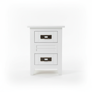 Table d'appoint moderne en bois de caoutchouc et MDF, durable et écologique, avec 2 tiroirs, blanc nacré, pour chambre à coucher - Product Image 1