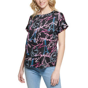 <span class=keywords><strong>T</strong></span>-<span class=keywords><strong>shirt</strong></span> Karl Lagerfeld <span class=keywords><strong>Paris</strong></span> da donna con stampa neon, in jersey nero traspirante, taglia XS, poliestere, stampa digitale, fiocco, logo sexy - Product Image 1