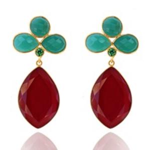 Nouvel arrivage de boucles d'oreilles en argent Sterling 925 Ruby Hydro et Onyx vert, forme ronde et poire - Product Image 1