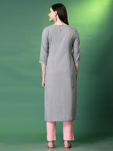Standard Quality Pure Cotton Fabric V-neck <b>Three</b> Quarter Sleeves A-Line Silhouette Summer Grey Color Embroidery Work Kurti Sets - Product Image 4