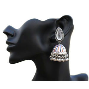 silver look alike brass meenakari stone traditional handmade 2024 stud ghungro jhumka hoop earing for girls and women - Product Image 1