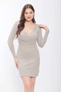 Mode moderne à manches longues col en V moulante Mini robe femmes gris foncé Spandex Slim Fit pour la fête Clubwear - Product Image 2