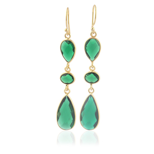 Luxurious Design Checker Cut Green Emerald Quartz Three Gemstone <b>Earring</b> Brass <b>Gold</b> Plated Bezel Setting <b>Drop</b> Dangle <b>Earrings</b> - Product Image 1