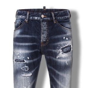 Pantalon droit en denim bleu vintage super délavé pour homme Poches latérales imprimé motard Coupe ample d'été à trou pour homme super délavé vintage - Product Image 2