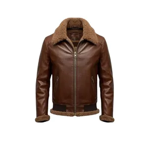 Men's B3 Brown <b>Sheepskin</b> Leather Bomber <b>Jacket</b> Windproof OEM Winter Biker Zippered Closure XS XL Available - Product Image 1