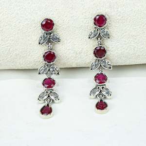 Ayushi 925 Silver <b>Necklace</b> Set & Earrings Semiprecious Delicate <b>Ruby</b> & Zircon Flower Petal for Weddings - Product Image 6