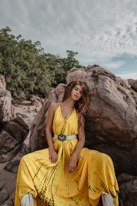 100% Cotton Breathable Sustainable with Lace Button Ruched Decorations Natural Waistline Washable Boho <b>Maxi</b> <b>Dress</b> - Product Image 5