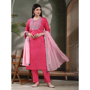 Women's Solid Embroidered Cotton Kurta Set with Chiffon <b>Pyjama</b> & Dupatta - Product Image 1