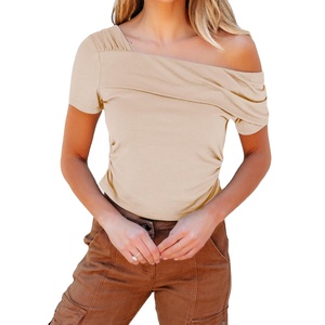 Women <b>One</b> Shoulder Asymmetrical <b>Top</b> Stretchy Knit Summer Casual Trendy Blouse - Product Image 2