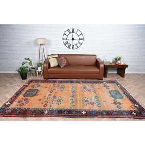 Alfombra de 6.3x9.8 pies, Alfombra Turca Vintage, Alfombra de Lana con Bordes Azules y Naranjas - Product Image 1