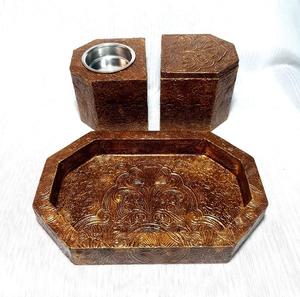 Vintage Style <b>incense</b> burner Holder set of 3 With Tray for <b>cone</b> and stick <b>incense</b> Holder with Brass Overlay Pattern Holder Set - Product Image 4