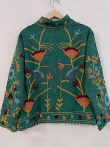 Veste en laine brodée florale bohème verte, col mandarin, manches longues, veste décontractée courte, vêtements d'automne pour adultes - Product Image 5