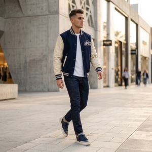 Veste de style universitaire personnalisée en bleu marine et crème, corps en laine, manches contrastées, design brodé - Product Image 1