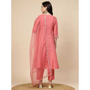 Kurta y Pantalones Anarkali de Satén Color Durazno para Mujer con Bordado de Espejo y Dupatta - Product Image 3