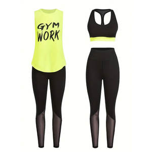 2026 trois pièces femmes couleur bloc haut court et lettre imprimé débardeur ensemble avec Leggings pour le Fitness et la course - Product Image 3