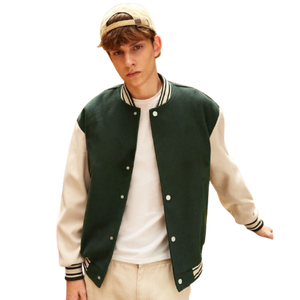 Chaqueta acolchada universitaria de béisbol de invierno verde oscuro para hombre, mangas Beige en contraste, ropa de calle frontal con cremallera de algodón 100% - Product Image 1