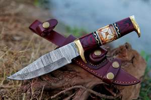 Cuchillo de supervivencia para caza y camping al aire libre de acero de Damasco hecho a medida con hoja fija Funda de cuero Soporte OEM - Product Image 3