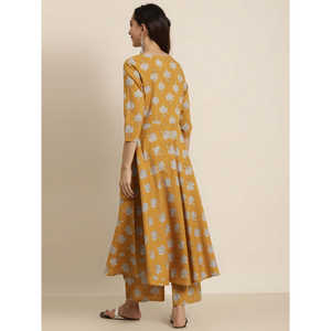 Ensemble Kurta Droit en Coton Imprimé Floral Moutarde pour Femmes avec Palazzo 48 Pouces Vêtements Printemps/Été - Product Image 5