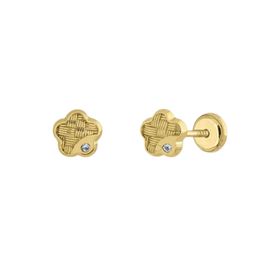 9K Solid Gold Flower Stud Earrings (Available 10K, 14K, 18K) Women <b>Children</b> Kids Ear Clip Screw Back Made in Spain - Product Image 1