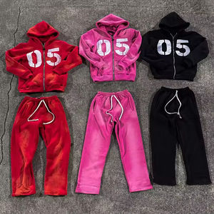 Survêtements d'hiver imprimés pour hommes par le fabricant, ensemble de vêtements de survêtement zippé, sweat-shirt à capuche et pantalon de survêtement, ensemble de sweat-shirt à capuche délavé à l'acide - Product Image 1