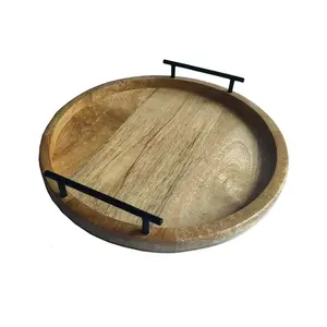 Plateau de service rond en bois d'acacia avec poignées Décoration d'intérieur Organisation Table à manger Contenant de rangement alimentaire - Product Image 6