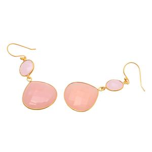 Boucles d'oreilles pendantes en argent sterling 925 à la mode pour femmes Pierre précieuse en calcédoine rose naturelle Plaqué or avec diamants - Product Image 2