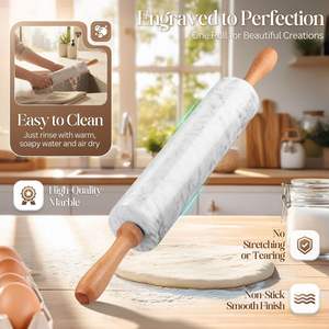 White Marble Rolling Pin 10 Inch with Wooden Handle and Holder Base Stand for <b>Baking</b> Pastry Pizza Dough Fondant Cookies Pie Kit - Product Image 3