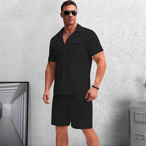 Trajes de 2 piezas de verano para hombre, Tops de manga corta + Pantalones cortos, Polo de Color sólido, cuello de solapa, botón, pantalones cortos de cintura elástica para hombre - Product Image 6