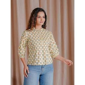 <b>Women's</b> for <b>Cream</b> Butti Cotton Pintux Style Short Top Breathable 100% Cotton Woven Fabric Fitted Crop <b>T</b>-<b>Shirt</b> for Ladies XS XXS - Product Image 4