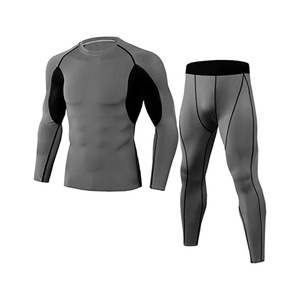 Traje de gimnasio de compresión de 2 piezas de alta calidad para hombres, mallas de entrenamiento transpirables de patrón sólido, conjunto al por mayor - Product Image 4