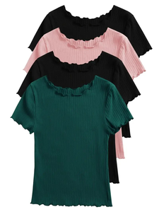 4 pièces ensemble femmes couleur unie décontracté à manches courtes T-Shirt confortable tricoté 100% coton tissu personnalisable hauts Bangladesh - Product Image 6