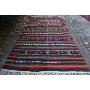 Tapis turc vintage traditionnel orange et bleu 5,9 x 9,8 pieds, tapis en laine patchwork avec dos en latex pour la décoration du salon - Product Image 1