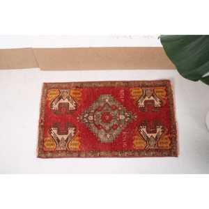 Turkish Small Rug 1.4x2.5 ft, Red <b>Yellow</b> Patchwork Rug <b>Wool</b> - Product Image 3