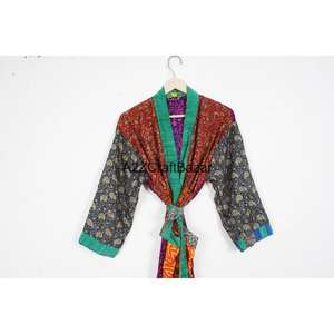 Wholesale Summer Robe Hand Stitched Silk Quilted Kantha Kimono Belt Boho <b>Hippie</b> Floral Unisex Bathrobe Women's Sleepwear V-neck - Product Image 2