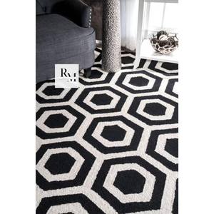 Alfombra de lana copetuda a mano de diseñador moderno de tamaño personalizable, marfil blanco y negro abstracto para sala de estar - Product Image 3