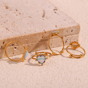 Bán buôn 18K mạ vàng có thể điều chỉnh đá quý vòng thép không gỉ kim cương Opal đồ trang sức thời trang xỉn miễn phí Nhẫn Set cho phụ nữ - Product Image 3