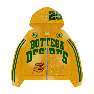 Sweat à capuche court zippé personnalisé avec impression intégrale, broderie vieillie, coupe ample, délavage acide et strass - Product Image 2