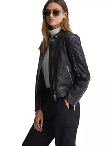 Veste en cuir véritable pour dames Veste décontractée à fermeture éclair noire matelassée sans col Veste personnalisée respirante MS-LJ-0076 - Product Image 3